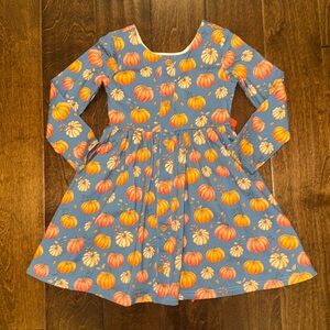 Girls Blue Pumpkin Print Long Sleeve Twirl Dress